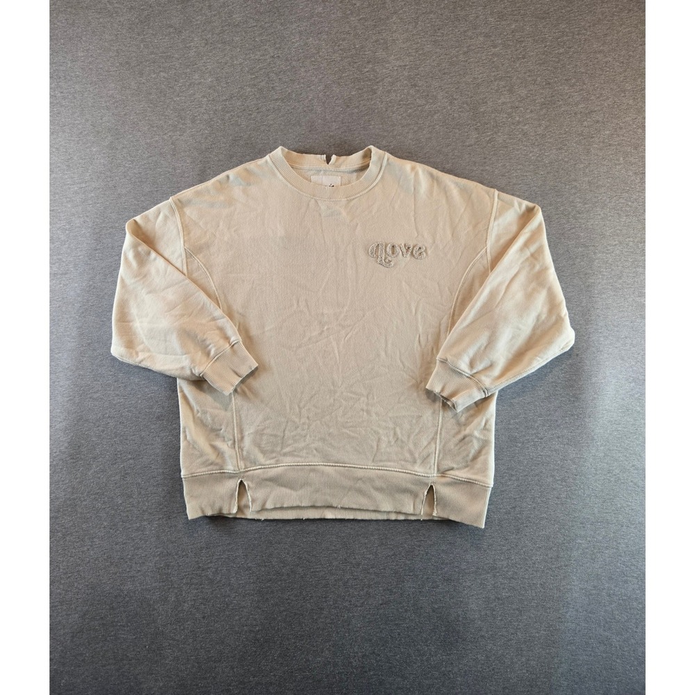 Aerie Sweatshirt Womens S Beige The Chill Love Crew Distressed Chenille Patch